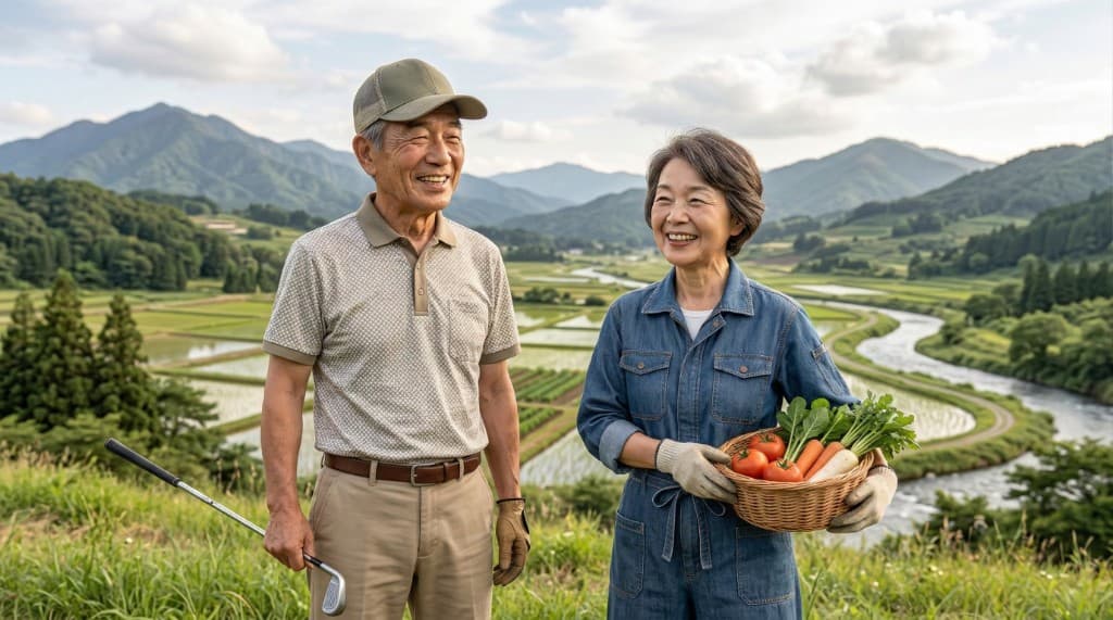 北海道の自然を背景に笑顔の夫婦のイラスト